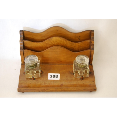 308 - VICTORIAN WALNUT DESK STAND FITTED 2 INK BOTTLES & STATIONERY RACK