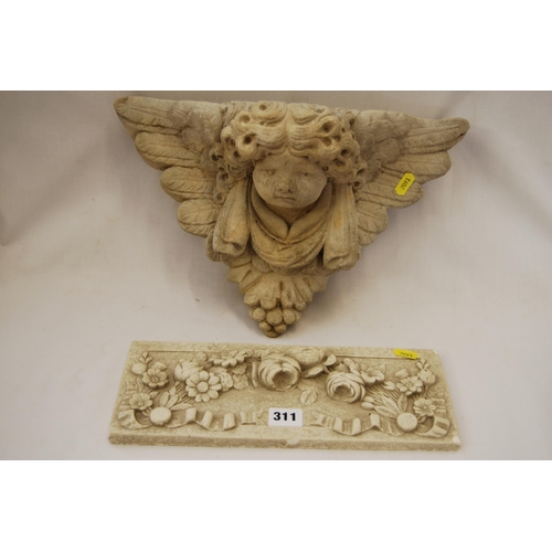 311 - STONEWARE CHERUB WALL PLANTER & FLORAL PLAQUE