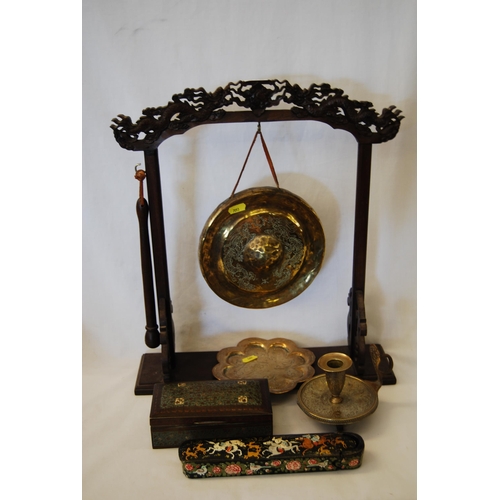 316 - CHINESE BRASS GONG AND BEATER ON STAND WITH CARVED DRAGONS, LACQUERED PENCIL BOX, INDIAN PAINTED BRA... 