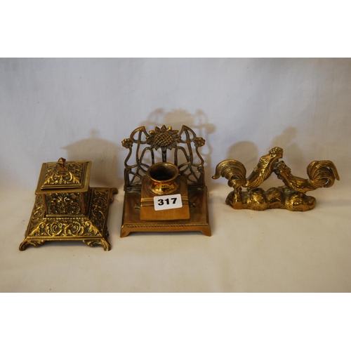 317 - VICTORIAN EMBOSSED SQUARE INK STAND, ART NOUVEAU BRASS INK STAND & BRASS COCK & HEN ORNAMENT