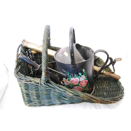 322 - CANE TRUG, PAINTED WATERING CAN, BRASS SYRINGE & HORSESHOE RACK