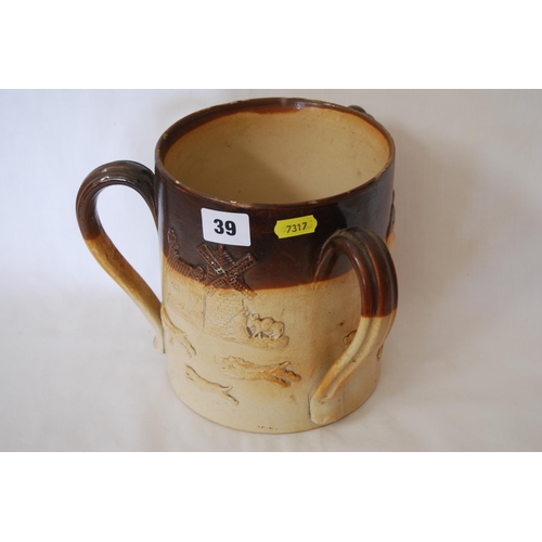 39 - 19TH CENTURY 2 TONE STONEWARE QUART TYG WITH APPLIED RURAL SCENES