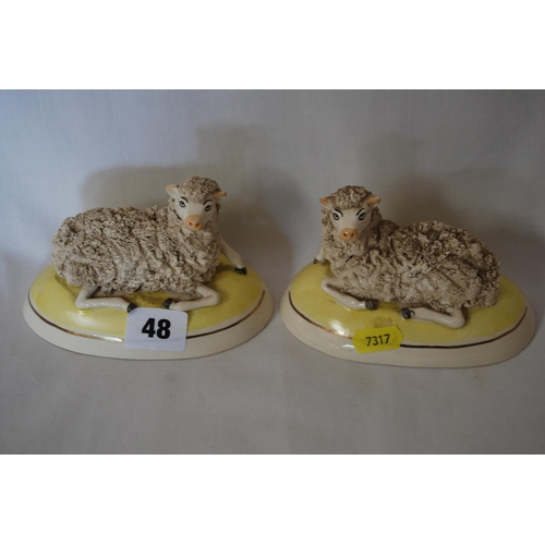 48 - PAIR OF 19TH CENTURY STAFFORDSHIRE SAMUEL ALCOCK SHEEP ON OVAL BASES