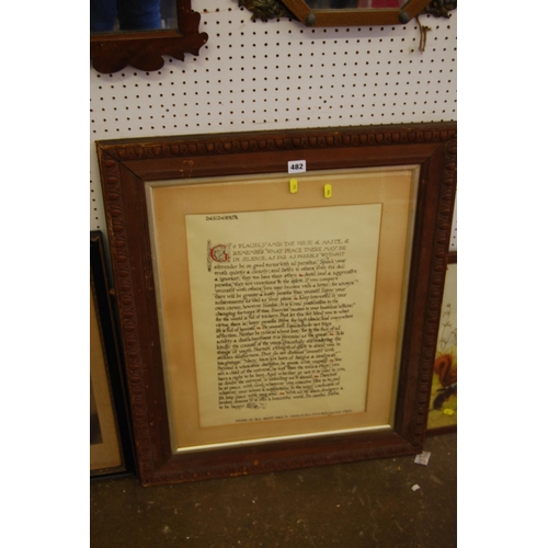 482 - FRAMED INSCRIPTION 