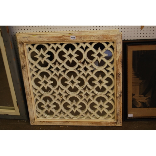 486 - PAIR OF PAINTED FRETWORK GARDEN FEATURE MIRRORS