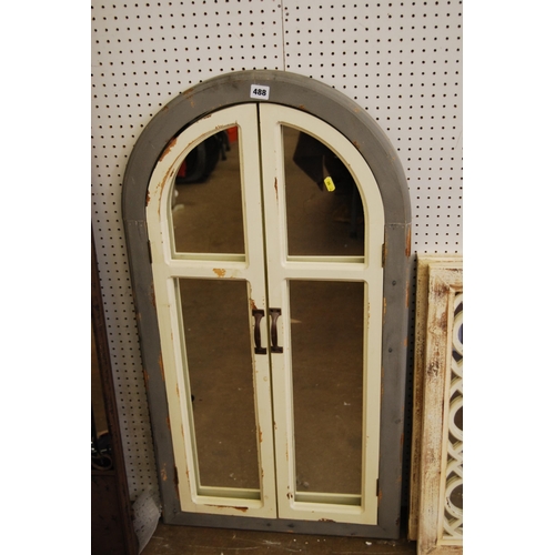 488 - PAINTED AND ARCHED GARDEN FEATURE MIRROR ENCLOSED BY PAIR OF PANEL DOORS 54CM WIDTH X 100CM HIGH (55... 