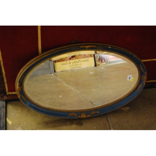 492 - VINTAGE OVAL BEVELLED WALL MIRROR IN BLUE & GOLD FRAME