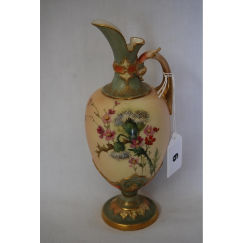 6 - ROYAL WORCESTER PORCELAIN BLUSH EWER, HAND PAINTED FLOWERS WITH SAGE GREEN FOOT & NECK, SHAPED HANDL... 