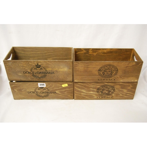 286 - 4 WOODEN STORAGE BOXES WITH BRAND NAMES