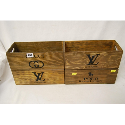 287 - 4 WOODEN STORAGE BOXES WITH BRAND NAMES