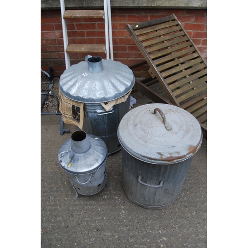 619 - 2 GALVANISED INCINERATORS (LARGE & SMALL) AND DUSTBIN