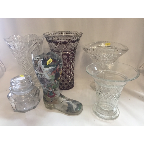 30S - 4 VARIOUS CUT GLASS VASES, JAR AND GLASS BOOT BEER GLASS; A/F