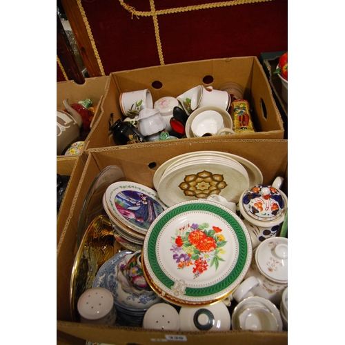 335 - 2 BOXES OF MISCELLANEOUS TEAPOTS, DINNERWARE, ETC