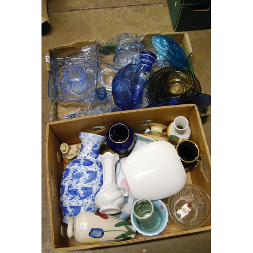 337 - 2 BOXES OF MISCELLANEOUS BLUE GLASSWARE, VASES, ETC