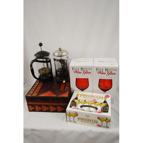 60 - 2 FULL BOTTLE WINE GLASSES, STRAW WORK BOX AND 2 CAFETIERES