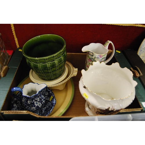 65 - JAMES KENT JARDINIERE, FLORAL JUG, SMALL BLUE & WHITE JUG & BOWL, GREEN JARDINIERE, ETC