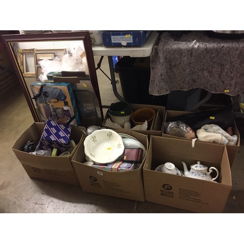 387 - 5 BOXES OF ASSORTED CHINA, MIRROR, TRAY, PICTURE FRAMES, ETC