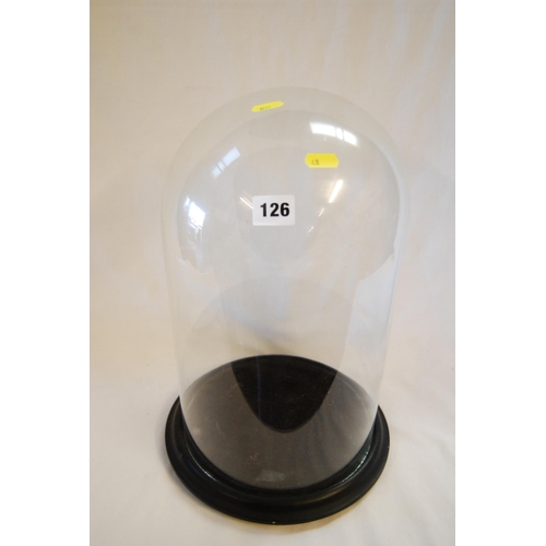 126 - LARGE GLASS DOME WITH WOODEN BASE 42CM HIGH