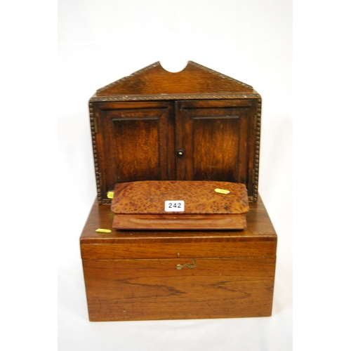 242 - BIRDS EYE MAPLE DESK STAND, EDWARDIAN OAK SMOKER'S PIPE CABINET & 19TH CENTURY MAHOGANY BOX