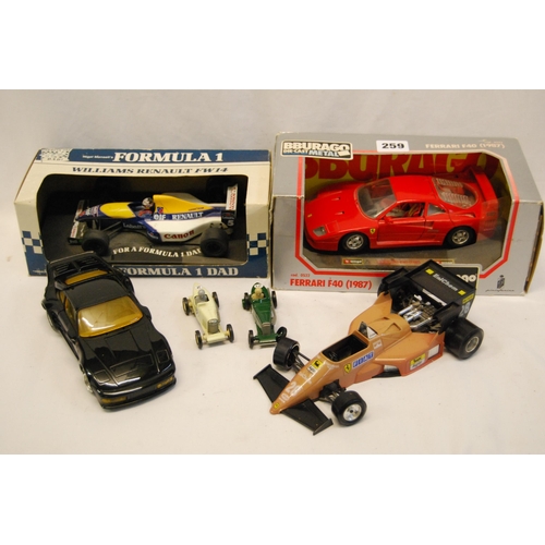 259 - BURAGO FERRARI F40 (1987) DIE CAST CAR IN BOX, WILLIAMS RENAULT FW14 RACING CAR, ETC