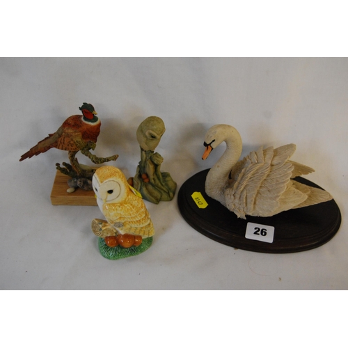 26 - 4 VARIOUS BIRD ORNAMENTS INCLUDING COUNTRY ARTISTS RINGNECK PHEASANT, LITTLE BARN OWLS & SWAN