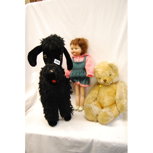 266 - SOFT TOY POODLE, TEDDY BEAR & CELLULOID DOLL