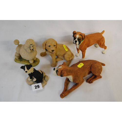 29 - 5 VARIOUS DOG ORNAMENTS COMPRISING 2 BOXERS, COLLIE, POODLE & LABRADOR