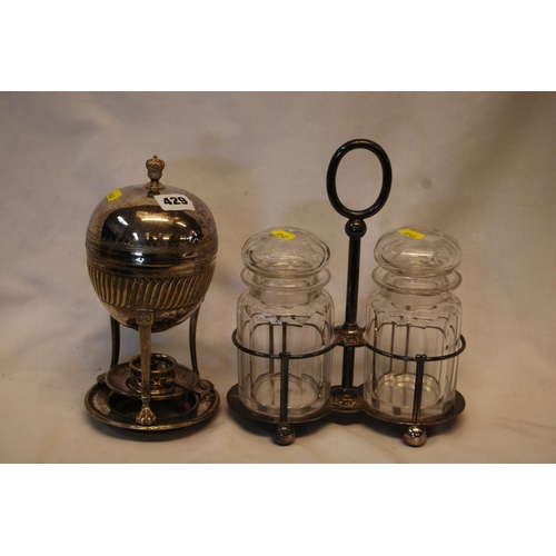 429 - VICTORIAN MAPPIN & WEBB SILVER PLATED EGG CODDLER & PAIR OF PICKLE JARS ON STAND