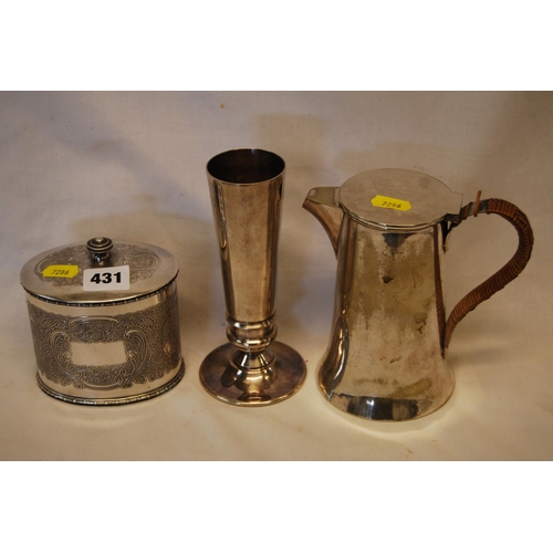 431 - 19TH CENTURY SILVER PLATED HOT WATER JUG, SILVER PLATED VASE AND OVAL TEA CADDY