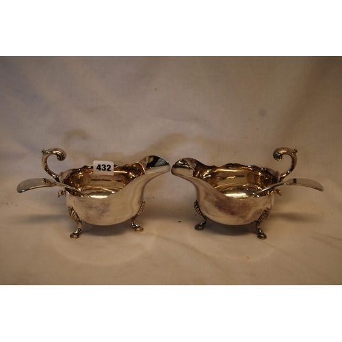 432 - PAIR OF SILVER PLATED SAUCE BOATS WITH SHAPED RIMS, SCROLL ACANTHUS HANDLES ON 3 HOOF FEET & PAIR OF... 