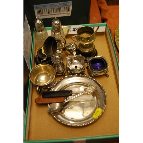 433 - SILVER PLATED CRUET SET, PRESENTATION CUPS, ETC