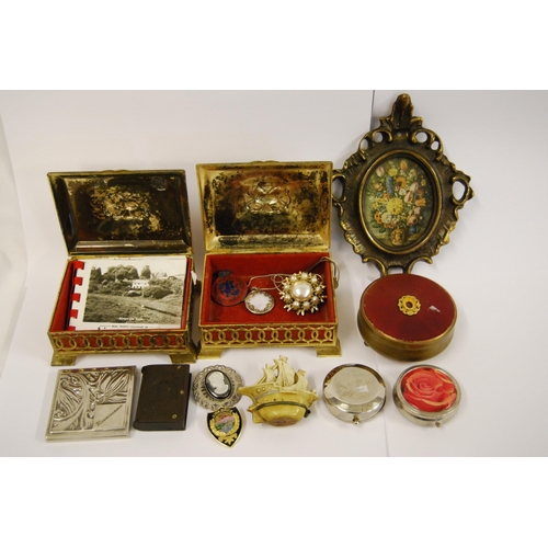 444 - 2 GILDED METAL BOXES, 3 CIRCULAR BOXES & BRASS FRAMED PICTURE OF FLOWERS