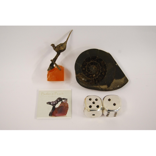 446 - POLISHED STONE AMMONITE, SMALL METAL PHEASANT ON AMBER BASE AND PAIR OF LARGE METAL DICE