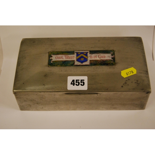 455 - 19TH CENTURY RECTANGULAR PEWTER JEWELLERY BOX WITH ENAMELLED PLAQUE 