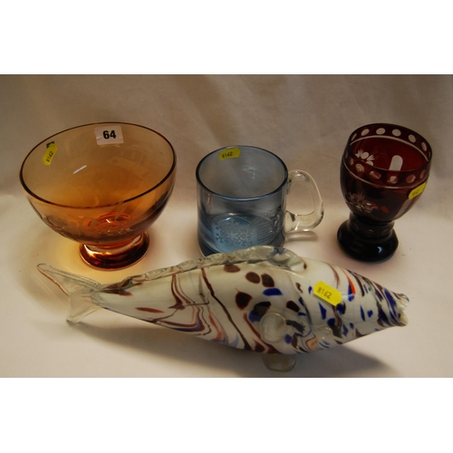 64 - MARBLED GLASS FISH, COMMEMORATIVE TANKARD, RUBY GLASS TUMBLER AND CAITHNESS 2000 MILLENIUM GLASS BOW... 