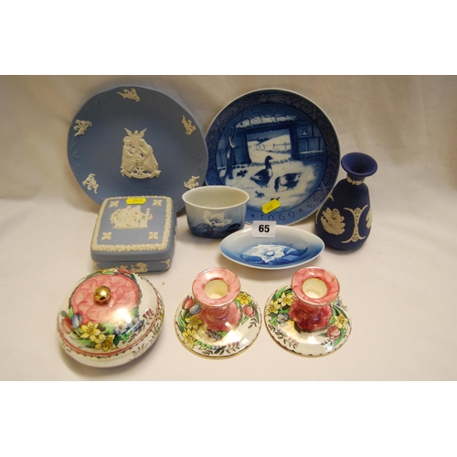 65 - WEDGWOOD JASPERWARE TRINKET BOX, VASE AND PLATE, DANISH PORCELAIN VESTA HOLDER, DISH & PLATE AND PAI... 