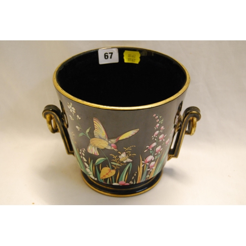 67 - BLACK CHINA JARDINIERE WITH ENAMEL DECORATION DEPICTING BIRDS & FLOWERS, GOLD RING HANDLES