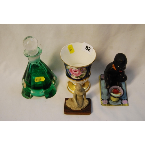 82 - GREEN GLASS PYRAMID SHAPED SCENT BOTTLE, SUTHERLAND GOBLET, GERMAN ENAMEL FIGURE AND LITTLE MERMAID ... 