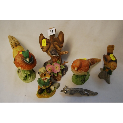 84 - 4 BIRD FIGURES, 1 FOX FIGURE AND METAL FOX