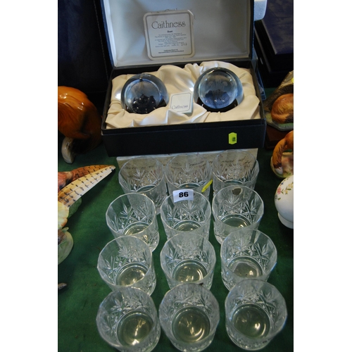 86 - 12 CRYSTAL D'ARQUES WHISKY TUMBLERS, PAIR OF CHAMPAGNE GLASSES AND PAIR OF CAITHNESS PAPERWEIGHTS CO... 