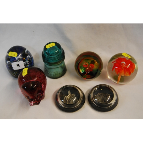 9 - 6 VARIOUS PAPERWEIGHTS AND 1 HEMINGRAY INSULATOR