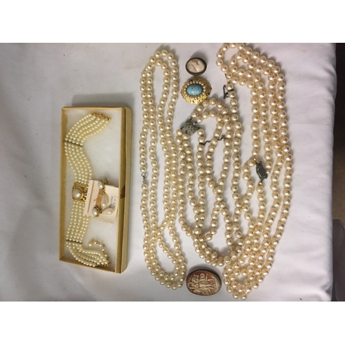 459 - 4 PEARL NECKLACES; 1 A/F AND 3 BROOCHES