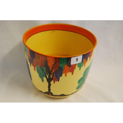 1 - CLARICE CLIFF BIZARRE LATONA TREE PATTERN JARDINIERE (LARGE CRACK FROM RIM TO CENTRE OF BASE) (22CM ... 