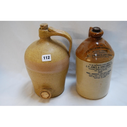 112 - STONEWARE FLAGON & STONEWARE BOTTLE PRINTED J.H. JONES & SONS, LEICESTER