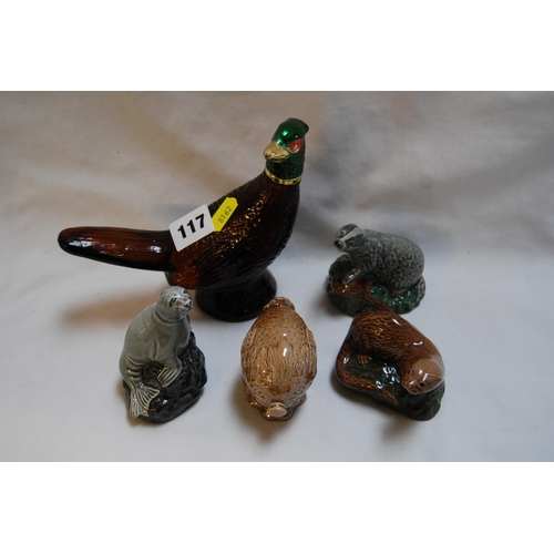 117 - 4 WHYTE & MACKAY BESWICK MINIATURE ANIMAL WHISKY BOTTLES AND AVON PHEASANT BOTTLE