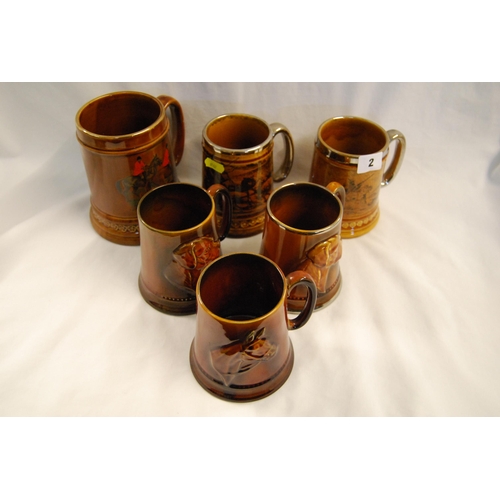 2 - 3 SYLVAC BROWN CHINA TANKARDS EMBOSSED HORSES AND HOUNDS, 3 LORD NELSON TANKARDS WITH COACHING, HUNT... 