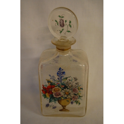 24 - 19TH CENTURY GLASS SPIRIT DECANTER, HAND PAINTED URN OF FLOWERS WITH CIRCULAR STOPPER