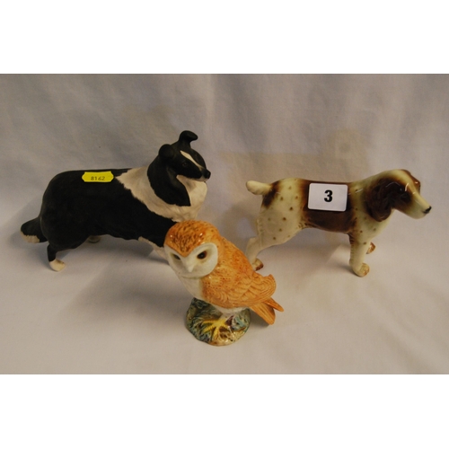 3 - SMALL BESWICK BARN OWL, GERMAN SPANIEL AND BLACK & WHITE COLLIE