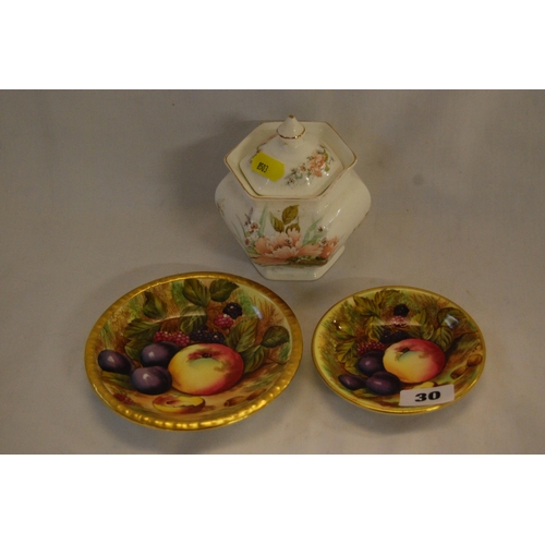 30 - 2 AYNSLEY BONE CHINA DISHES DECORATED FRUIT AND HEXAGONAL LIDDED JAR