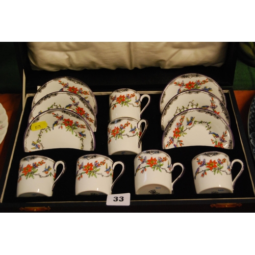 33 - ROSINA HAND PAINTED COFFEE SERVICE DECORATED FLOWERS, IN CASE